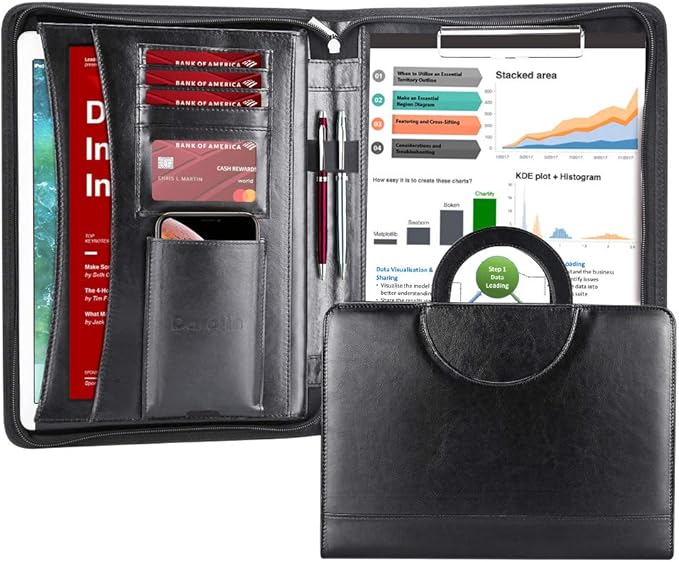 Darolin Vegan Leather Padfolio Portfolio with Handle & Clipboard, Zippered Business Portfolio Organizer for Meetings, Interviews & Travel, Fits A4 & Letter Size, Padfolio for Men Women (Black)