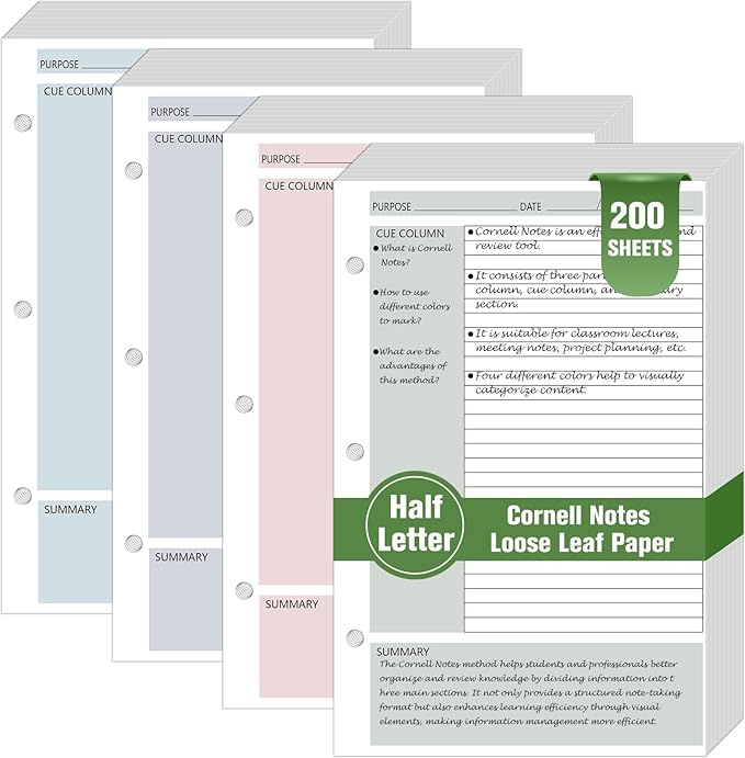 200 Sheet Half Letter Cornell Notes Loose Leaf Paper for 3 Ring Mini Binder 5.5" x 8.5" Lined Paper 9/32" Spacing Cornell Notebook Refills Taking System Filler Paper Bulk for School Office 80gsm