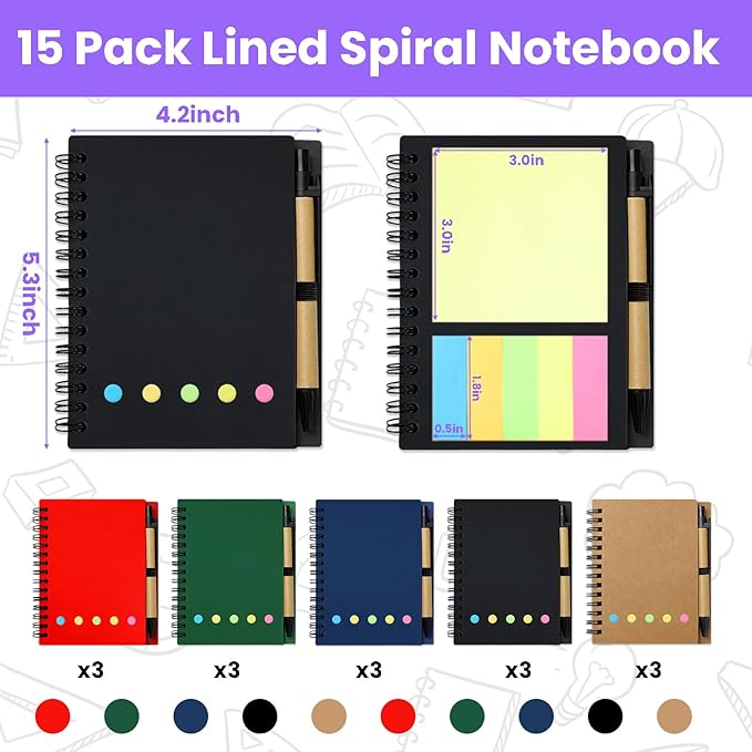 15 Pack Spiral Notebook and Pen Set, Lined Small Pocket Notebook with Pen Sticky Notes Steno Pads Mini Journals Notebooks for Business Office School Supplies, 5 Colors, 60 sheets, 4.25 x 5.3in