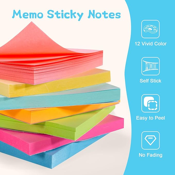 (72 Pads) Sticky Notes Bulk 3x3 Inch - 75 Sheets/Pad, 12 Assorted Colors, Easy to Post for School, Office (5400 Total Sheets)