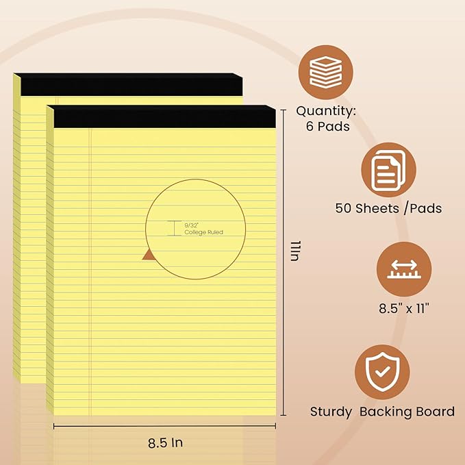 6Packs Legal Pads 8.5 x 11 Inch, 50Sheets/Pack, College Ruled & Perforated Yellow Writing Pads, Pads of Paper 8.5 x 11, Lined Note Pads with Sturdy Backing for Office, Business & School Supplies