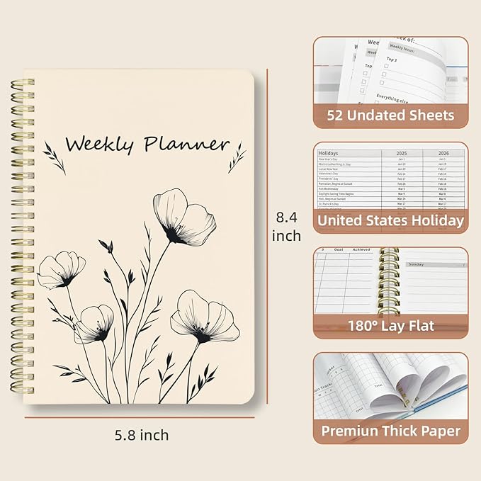 Weekly Planner Undated - 52 Weeks To Do List Notebook A5 for Work: Weekly Task, Habit Tracker Journal, Goal Setting, Agenda Sprial Bound Organizer Book for Women Cute Stylish Design, Flower