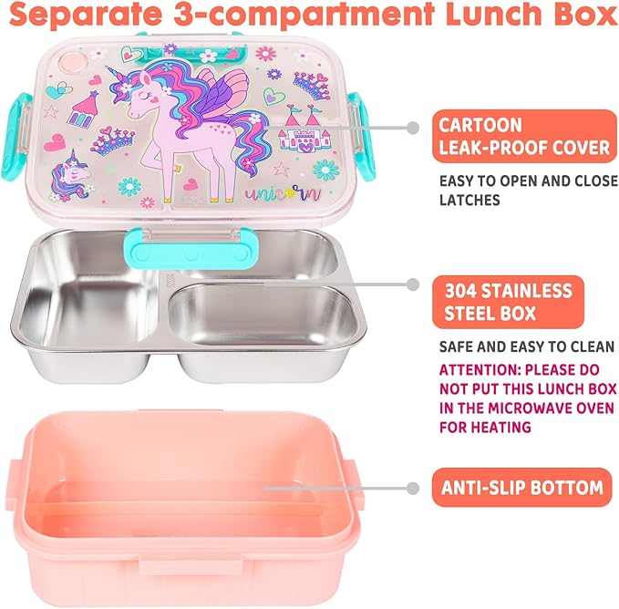 Stainless Steel Bento Lunch Box for Kids, 800ml/27oz BPA-Free Leak-Proof Food Containers with 3 Compartments, Freezer & Dishwasher Safe, Back to School Students Lunches Size for Ages 3-7