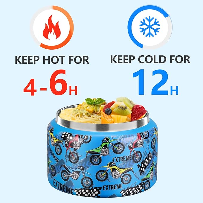 JXXM 8 Oz Thermo Food Jar for Hot & Cold Food for Kids, Insulated Lunch Containers Hot Food Jar,Leak-Proof Vacuum Stainless Steel Wide Mouth Lunch Soup Thermo for School (BLUE-Locomotive)