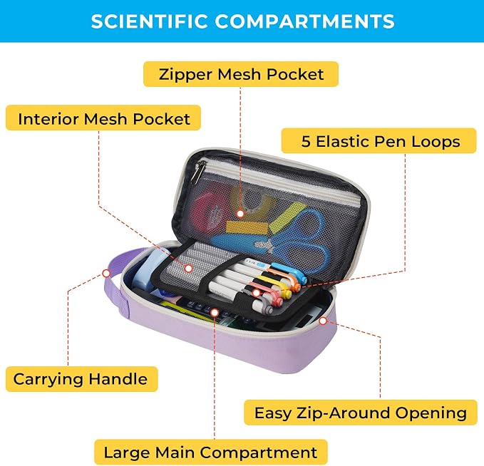 ECHSRT Large Capacity Pencil Case with Hidden Pocket, 1200D Oxford Fabric Zipper Pencil Pouch with Handle, Multi-Pocket Stationery Organizer for Office, College, Travel and Daily Carry, Light Purple