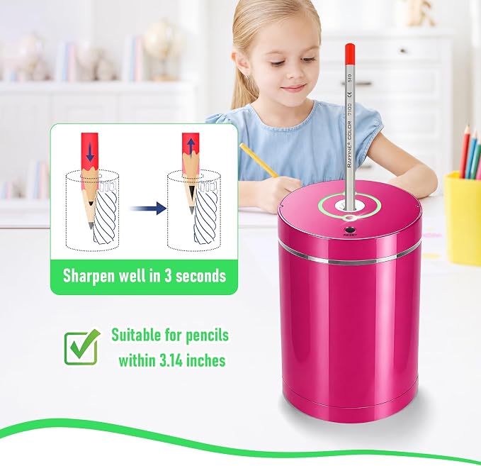 Fully Automatic Electric Pencil Sharpener,Rechargeable smart Pencil Sharpener.Suitable for No. 2/Colored Pencils (6-8 mm),Applicable to School/Classroom/Office/Home（Pink）