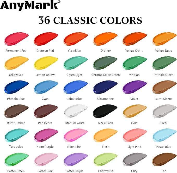 AnyMark Acrylic Paint Set, 36 Classic Colors with 12 Brushes, 2 fl oz/60ml Bottles, Art kit Painting Supplies for Kids Adults Canvas, Rock, Wood