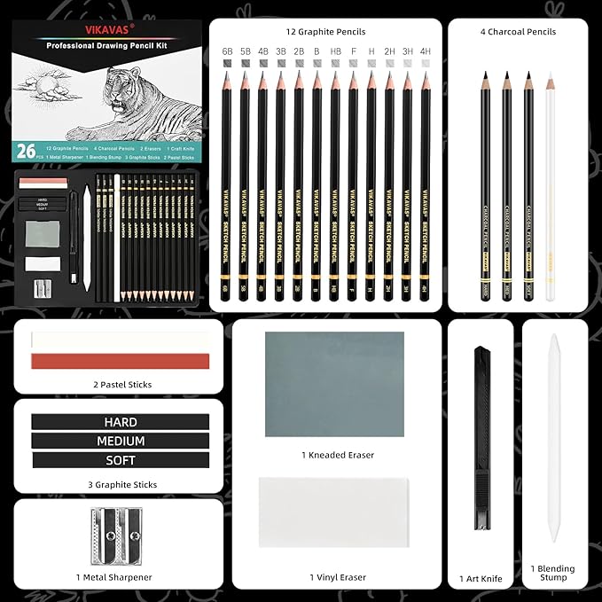 Professional Sketch Pencil Set – 26 PCS Complete Drawing Kit for Artists Graphite, Charcoal, Pastel, Erasers & Tools for Sketching, Shading & Detailing