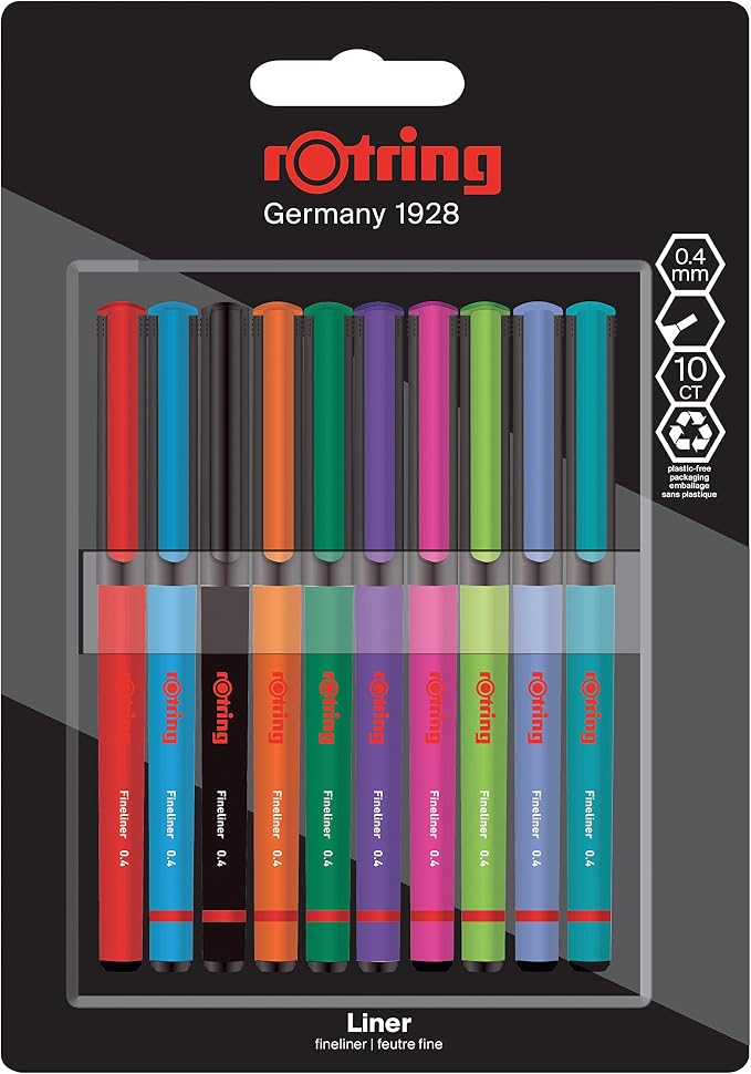 rOtring Liner Fineliner Pens | 0.4 mm | Colouring Pens for Writing & Drawing | Plastic-Free Packaging | Assorted Colours | 10 Count
