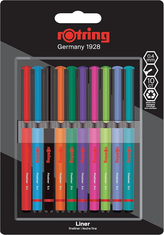 rOtring Liner Fineliner Pens | 0.4 mm | Colouring Pens for Writing & Drawing | Plastic-Free Packaging | Assorted Colours | 10 Count