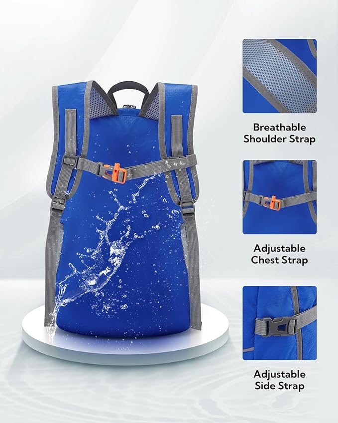 WATERFLY Hiking Packable Daypack Backpack: 25L Ultra Lightweight Day Pack for Women Men - Small Compact Folding Back Pack for Outdoor Sport Cycling Camping Travel Trip - Blue
