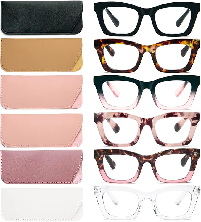 REAVEE 6 Pack Reading Glasses for Women Blue Light Blocking, Cute Square Computer Readers with Spring Hinge