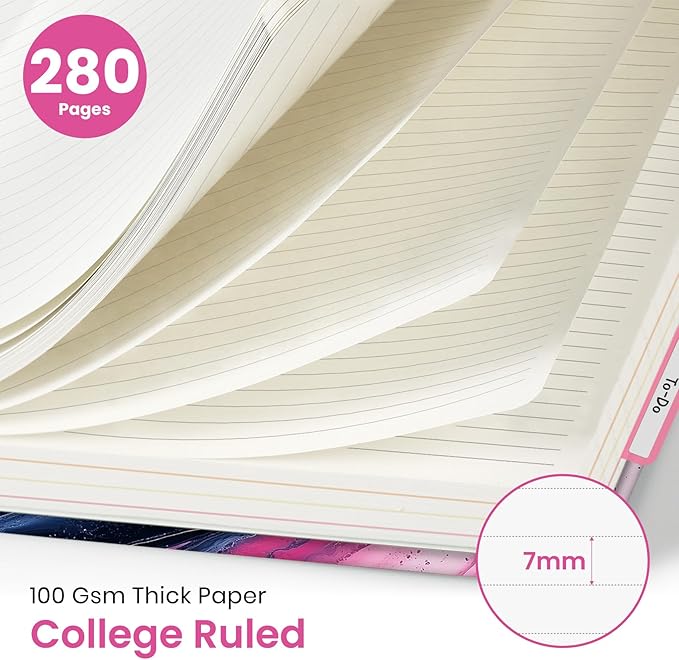 Large Lined Spiral Journal for Women Cute Hardcover 5 Subject Notebook for Work 8.5" x 11" with Removable Dividers & Tabs, College Ruled, 280 Pages Aesthetic Journal for Work, School & Note Taking, Pink Vortex
