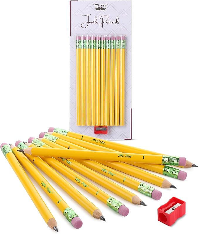 Mr. Pen- Jumbo Pencils, 10 Pack with 1 Sharpener, Yellow Barrels, Smooth Black 2 HB Graphite Cores, Large Preschool Pencils, Smooth Writing Lead for Kindergarten, Kids and School Supplies