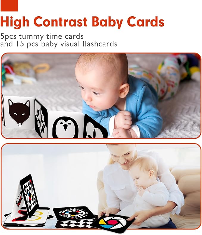 hahaland Tummy Time Contrast Flash Cards for Infants 0-3-6 Months, Newborn Sensory Visual Stimulation Baby Gift, Educational Brain Development Toys, Black and White Activity Cards 20 Cards