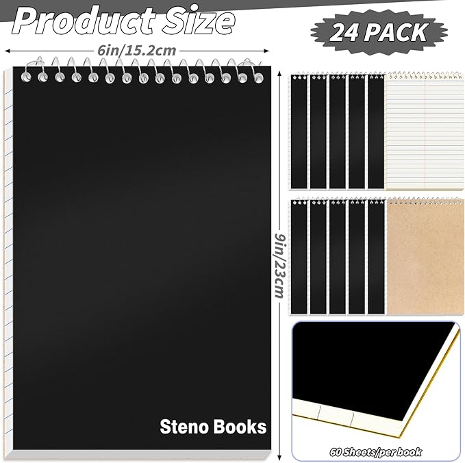 24 Pcs Steno Pads 6 x 9 in Top Spiral Notebook Bulk Pack Note Pad 1440 Total Sheets Gregg Rule Steno Notebooks for School Office Home Students Teachers Organized Daily Notes Planners