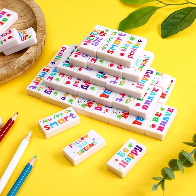 Dunzoom 100 Pcs End of Year Inspirational Pencil Erasers Bulk for Kids Back to School Fun Motivational Eraser School Office Supplies for Students Classroom Office Teacher Artists(Lovely)