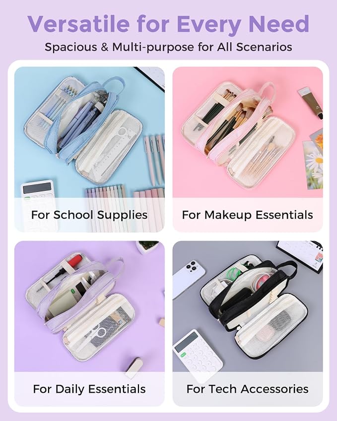 SKYDUE Large Capacity Pencil Case with Handle, 3 Compartment Canvas Pencil Pouch, Cute Soft Color Pencil Bag for Pens, Markers, Aesthetic Stationery and Organizer for Teen Girls Adult, Purple