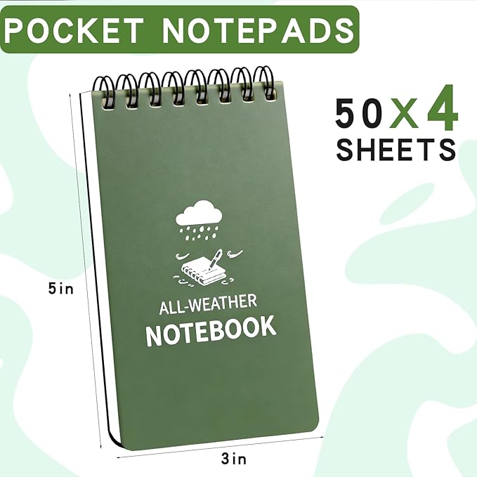 Waterproof Notebook, 4 Pack Pocket Notepad, 3" x 5" Top-Spiral Weatherproof NotePad, All Weather Police Pocket Notebook Mini Memo Steno Note Pads for Outdoor Office School Recording, Navy Green