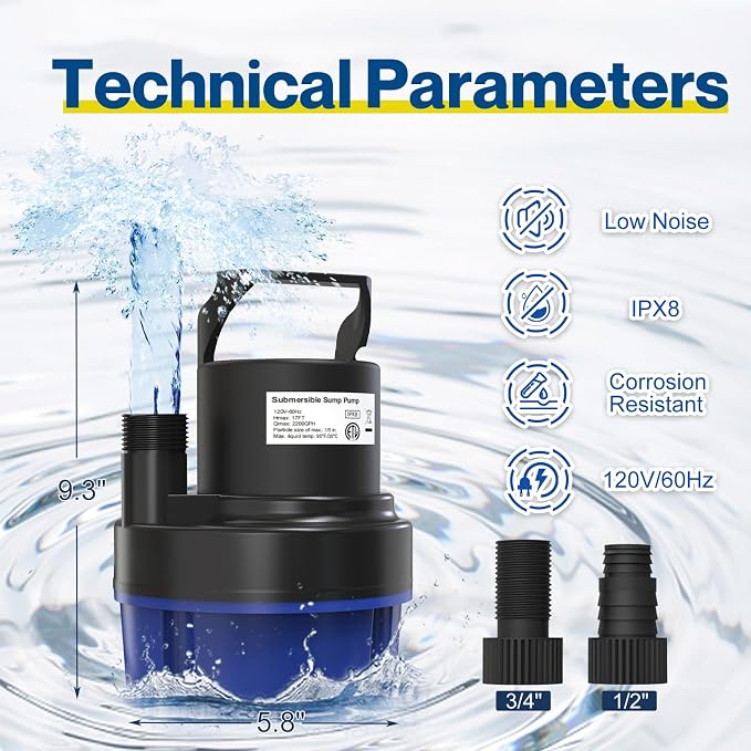 AgiiMan 3500GPH Pool Cover Pump, 1HP Submersible Sump Pump, Blue | 25FT Power Cord, 17FT Lift, IPX8 Thermoplastic Housing, Thermal Protection, Low Suction for Pools, Basements and Ponds