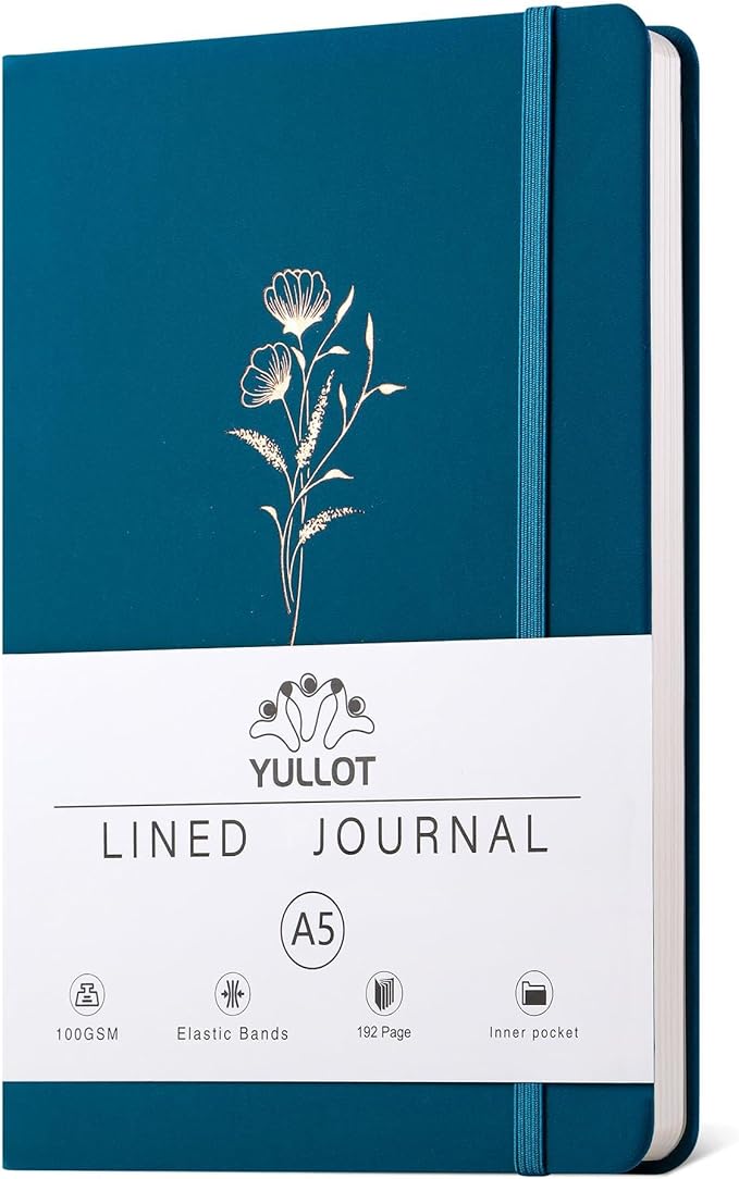 Lined Journal Notebook –A5 PU Leather Hardcover Notebook, 100gsm Thick Bleedproof Paper with Inner Pocket – 192Pages Lined Writing Journal for Students Women Note Taking - Deep Teal