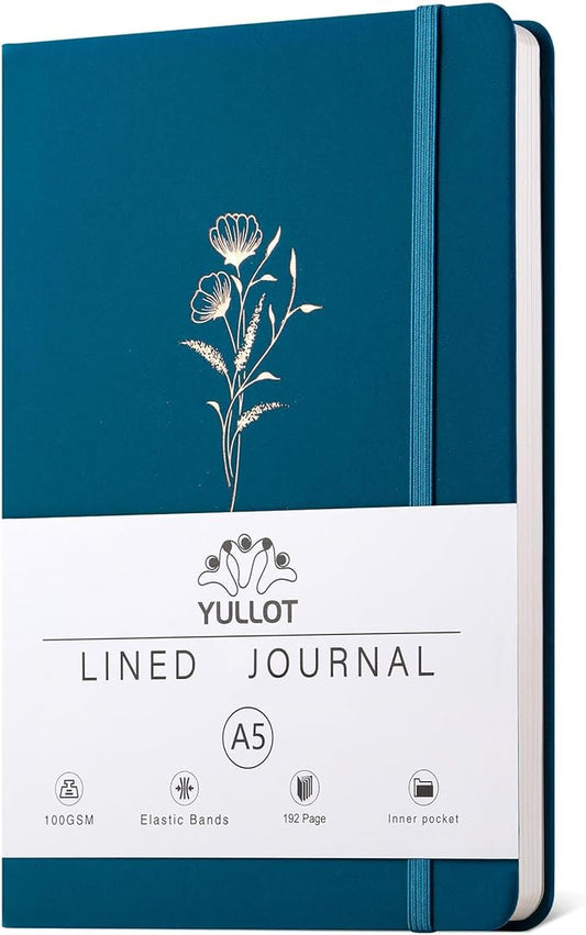 Lined Journal Notebook –A5 PU Leather Hardcover Notebook, 100gsm Thick Bleedproof Paper with Inner Pocket – 192Pages Lined Writing Journal for Students Women Note Taking - Deep Teal