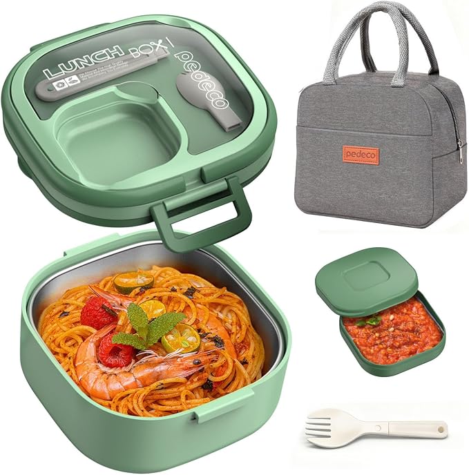 PEDECO Luch Box Set Stackable Stainless Steel Bento Box with Insulated bag,Leak-Proof,1-Tier Bento box,Lunch Box With Portabl Sauce Pod and Cutlery-for Kids/Toddler,Dishwasher Safe,Green