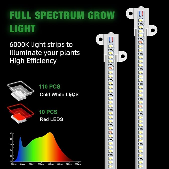 Wiaxulay 16in Plant Lights for Indoor Growing, 6000K Full Spectrum 2 Bars | 1 Pack, 120 LEDs Grow Light with Auto Timer 6/12/16Hrs, 5 Brightness, 3 Switch Modes for Seed Starting, Succulent