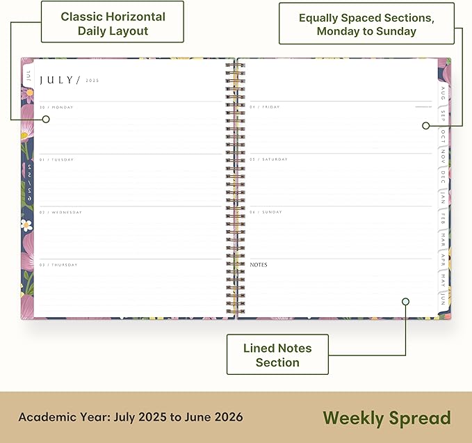 Blue Sky Sustainability 2025-2026 Weekly and Monthly Academic Year Planner Calendar, July 2025 - June 2026, 8.5" x 11", Flexible Cover From Recycled Plastic, Wirebound, Laminated Tabs, Storage Pocket, Gail