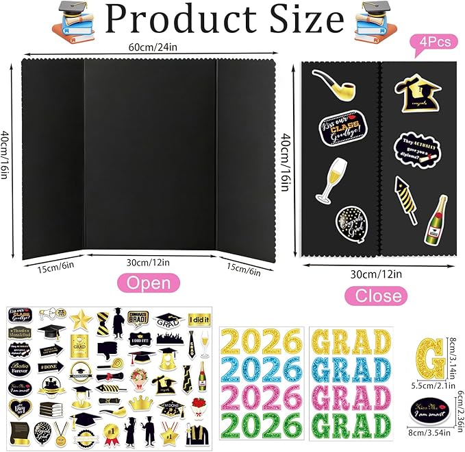 Graduation Photo Display Board - 4 Set Trifold Poster Board for Graduation Party, Colorful Folding Picture Presentation Frame for Multiple Pictures Table Decor (24x16 Inches)