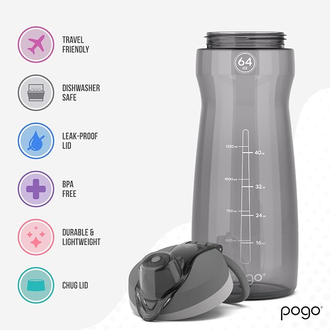 Pogo 64oz Plastic Water Bottle with Chug Lid and Carry Loop, Gray | Leakproof water bottle with chug lid and capacity markings. BPA-free, great for travel, school, outdoors, and gym.