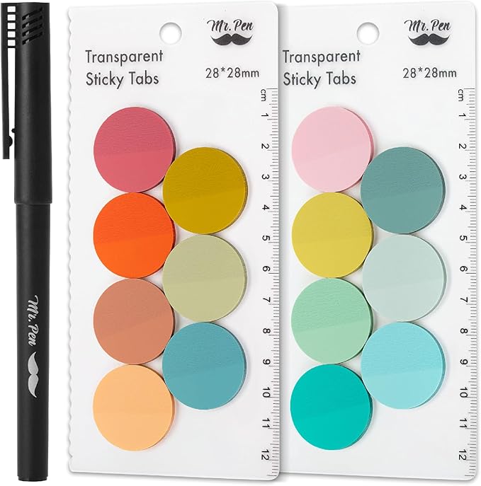 Mr. Pen- Round Transparent Sticky Notes, 1.1” Diameter, 14 Pads, 560 Sheets, Colorful, Water-Resistant See-Through Sticky Notes & Fineliner, Smooth Writing, Note Tabs for Bible Journaling, Studying