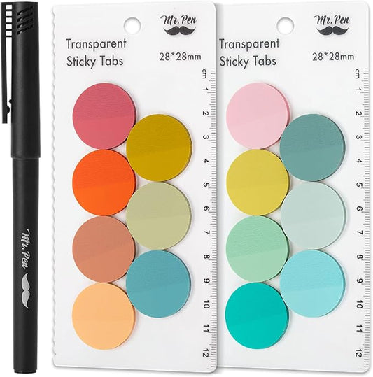 Mr. Pen- Round Transparent Sticky Notes, 1.1” Diameter, 14 Pads, 560 Sheets, Colorful, Water-Resistant See-Through Sticky Notes & Fineliner, Smooth Writing, Note Tabs for Bible Journaling, Studying