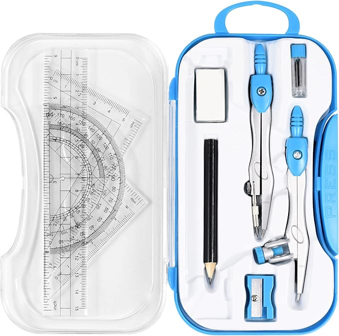 Unjoo Math Geometry Kit Sets 10 Piece Student Supplies with Shatterproof Storage Box,Includes Rulers,Protractor,Compass,Eraser,Pencil Sharpener,Lead Refills,Pencil,for Drafting and Drawings（Blue）