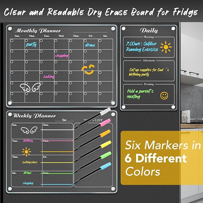 DIYMAG Magnetic Calendar for Refrigerator 3 PCS Dry Erase Wall Planners 15.2"x11.2" Magnet Fridge Monthly Weekly Daily White Board Planning Acrylic Clear Apartment Decor Meal Planner with 6 Colors Markers