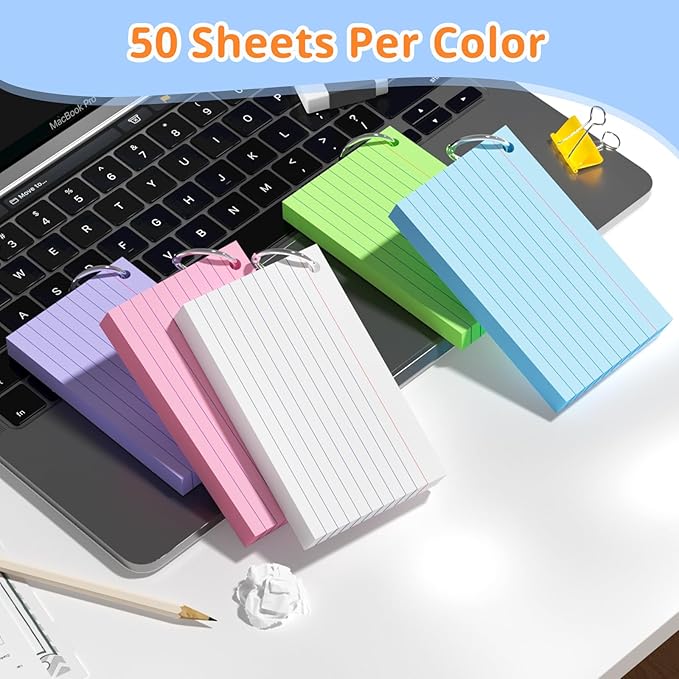 Index Cards 3x5 Inches, 250 PCS, Colorful Flash Cards With Ring, Punched Lined Study Card Ruled Flashcards Notecards, Ruled Front And Blank Back, Note Card for School, College And Home