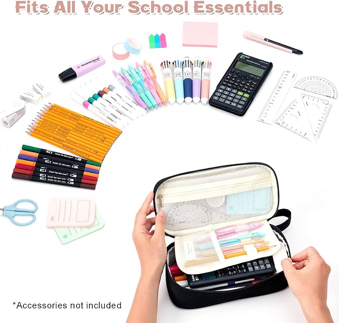 Pencil Case Pouch, Large Capacity Pen Bag Organizer, Cute Aesthetic Pencil Box for Girls Boys Kids, Back to School Supplies, Teacher Supplies Classroom Essentials, Black