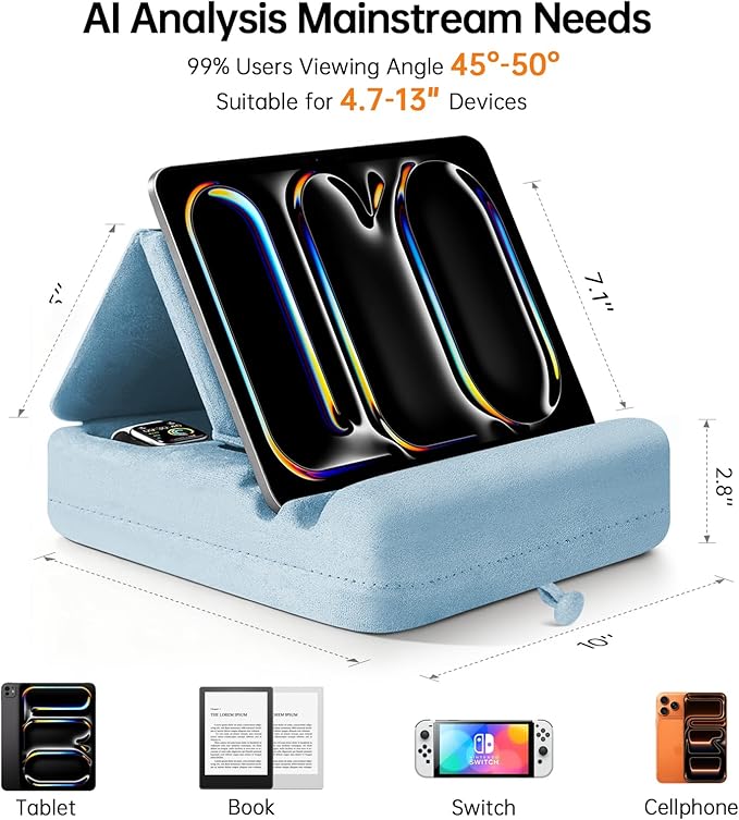 Tablet Pillow Stand with Storage, Foldable iPad Holder for Lep, Bed, Sofa, and Desk - Soft Pad Dock with Pocket and Stylus Mount Compatible with 4-13" iPad Pro/Air/Mini, Galaxy Tab, Kindle