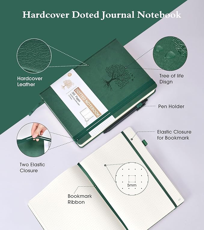 Ansopu Dotted Journal Notebook, 360 Numbered Pages Bullet Dot Journals,100gsm Dot Paper Thick Hardcover Leather Journal for Writing Women Men, B5 Big Dotted Grid Notebooks for Work School Green