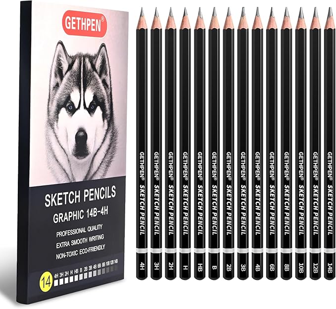 GETHPEN Professional Drawing Sketching Pencil Set - 14 Pieces Graphite Pencils(14B - 4H), Ideal for Drawing Art, Sketching, Shading, Artist Pencils for Beginners & Pro Artists