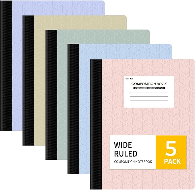 SUNEE Composition Notebook, Wide Ruled Paper, 5 Pack, 9-3/4" x 7-1/2", 80 Sheets/160 Pages, Back to School Supplies, Notebooks for School, Office Supplies (Pink, Purple, Blue, Green, Yellow)