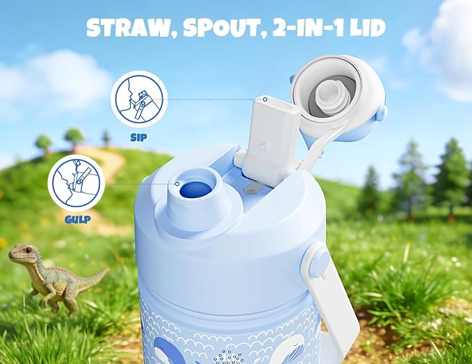 POWCAN 18 oz Kids Water Bottle for School: 2-in-1 Straw Spout Lid with Soft Animal Head, Leakproof, Backpack Friendly, Keep Cold 24H, Insulated cup for Sports, Playground, Holiday Gift (Whale Splash)