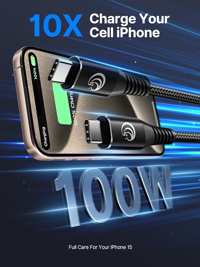 USB C to USB C 100W [6ft/2 Pack] USBC to USBC Cable Charger 5A C to C Fast Charging Cord for MacBook Pro/Air, iPhone 16 15 Pro Max Plus,iPad Pro,Samsung Galaxy S24 Ultra S23,Pixel 9 8,PS5,Switch