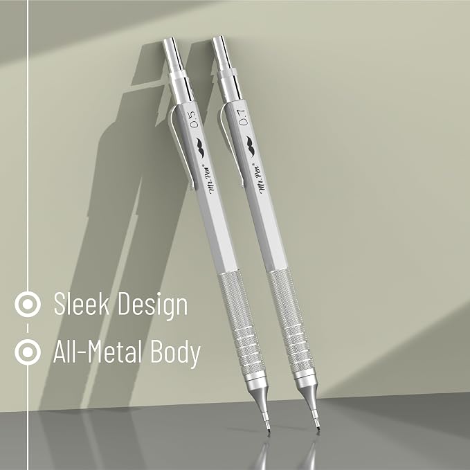 Mr. Pen- Metal Mechanical Pencil Set with Lead Refills & Erasers, 2 Pack | 2 Sizes, 0.5 & 0.7mm, 4x Tubes 2B Lead Refill, 2x Erasers for School Supplies, Note Taking, Drawing, Sketching, Office