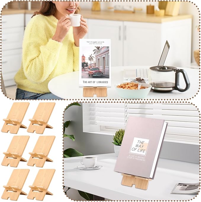 6 Pack Bamboo Book Stand for Display, Natural Easel Stand for Display, Book Display Stand for Home Office School, Book Riser for Comic Album CD Magazine Postcard Picture Plate Phone Artworks (Large)
