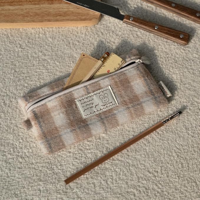 Monolike Unmatched Friends Old Check Pencil Case, Beige - Pencil Pouch, Portable Pencil Bag, Pencil Case, Office Pouch case, Cushion, Soft, Vintage