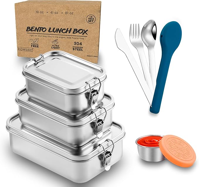 5 in 1 | Stainless Steel Bento Box & Cutlery Set & Snack Container – 19/41/81oz (550/1200/2400ml) – Nesting Metal Lunch Box for Office, Work, Travel – BPA Free Food Storage Lunchbox Tiffin for Adults