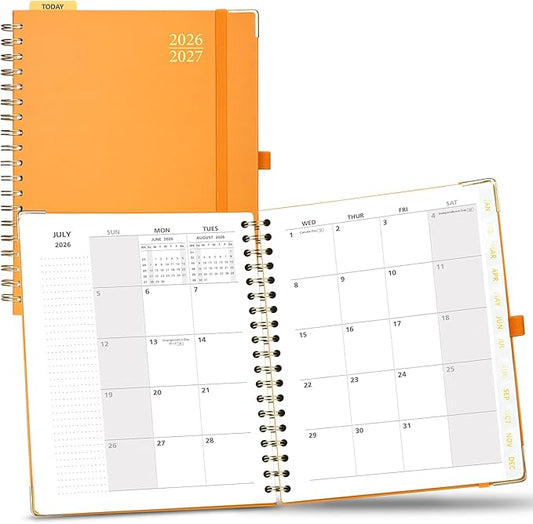 POPRUN Monthly Planner 2026-2027 Spiral Hardcover (8'' x 10''), 18 Months Calendar (Jan.2026-Jun.2027) - 2 Pages per Month with Dotted Note Pages, Sunday Start, Laminated Tab - Orange