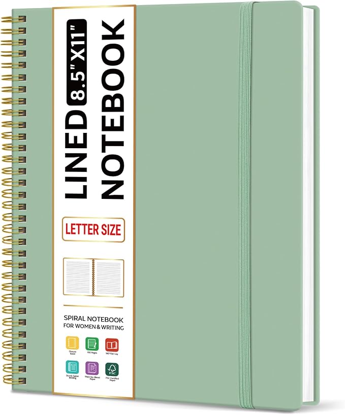 Taja Large Spiral Lined Notebook for Work, Journal for Women & Men