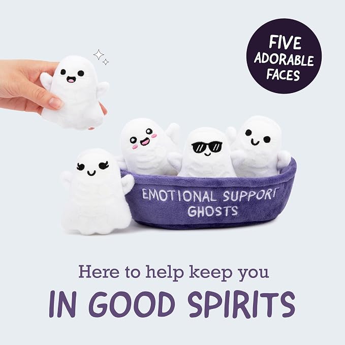 Emotional Support Ghosts by Relatable, Cuddly Plush Collectibles and Cute Stuffed Animals, Spooky Halloween Ghost Plushies and Fun Trick or Treat Toys, Includes 5 Plushies with Carrying Basket